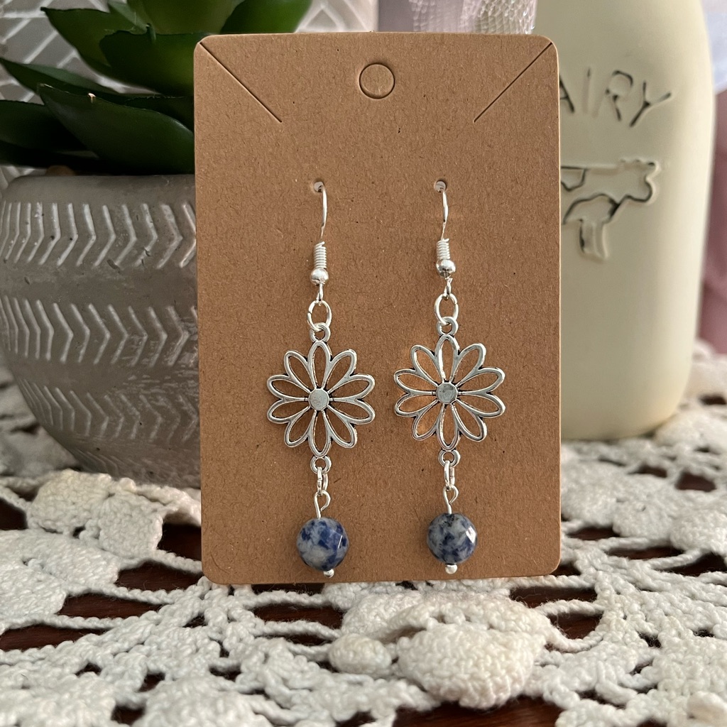 *3 For $20* Silver / Sodalite Daisy Open Work Dangle Earrings
